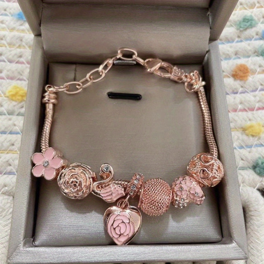 Elegant Adjustable Pink Rose & Swan Charm Bracelet