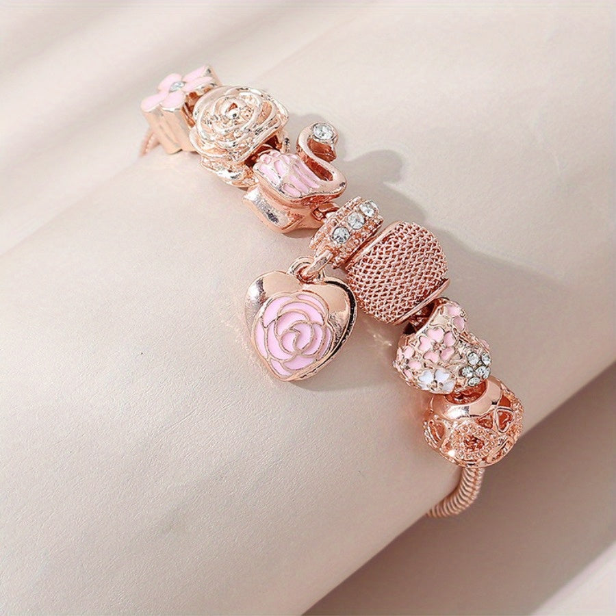 Elegant Adjustable Pink Rose & Swan Charm Bracelet