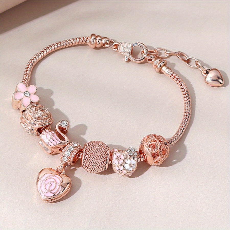 Elegant Adjustable Pink Rose & Swan Charm Bracelet