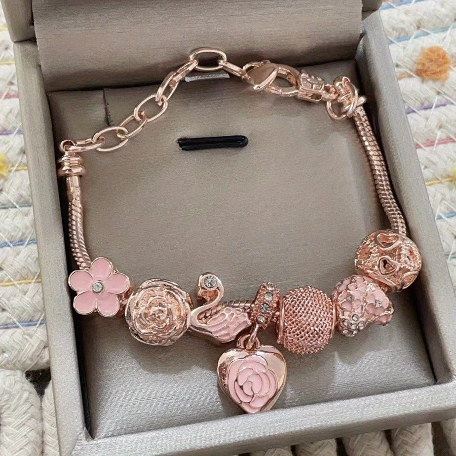 Elegant Adjustable Pink Rose & Swan Charm Bracelet