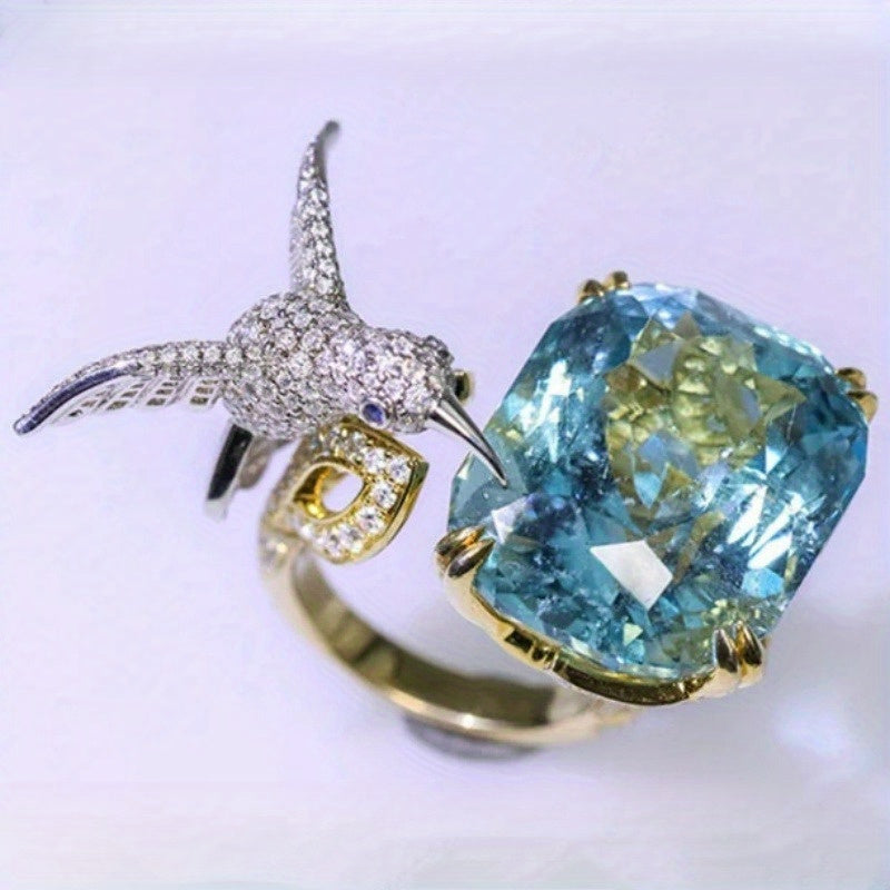 Luxury Hummingbird Blue Aquamarine Ring