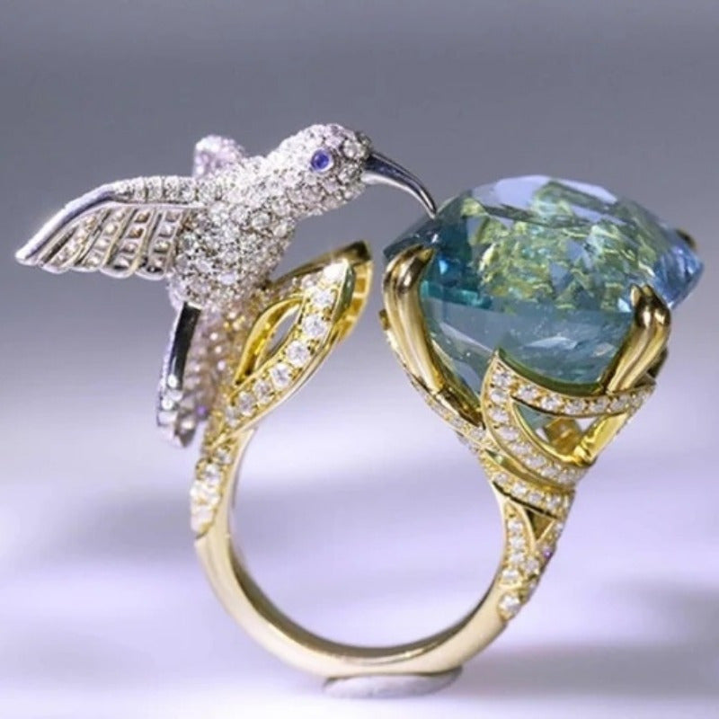 Luxury Hummingbird Blue Aquamarine Ring