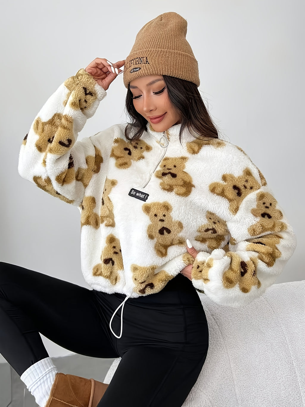 Women's Plush Teddy Bear Zipper Sweater - Cozy Plush Sweater with Half-Zip Front, & Brown Teddy Bear Design, All-Season Casual Winter Sweater for Women (Machine Washable) - Soft Long Sleeve Sweater for Layering & Standalone W