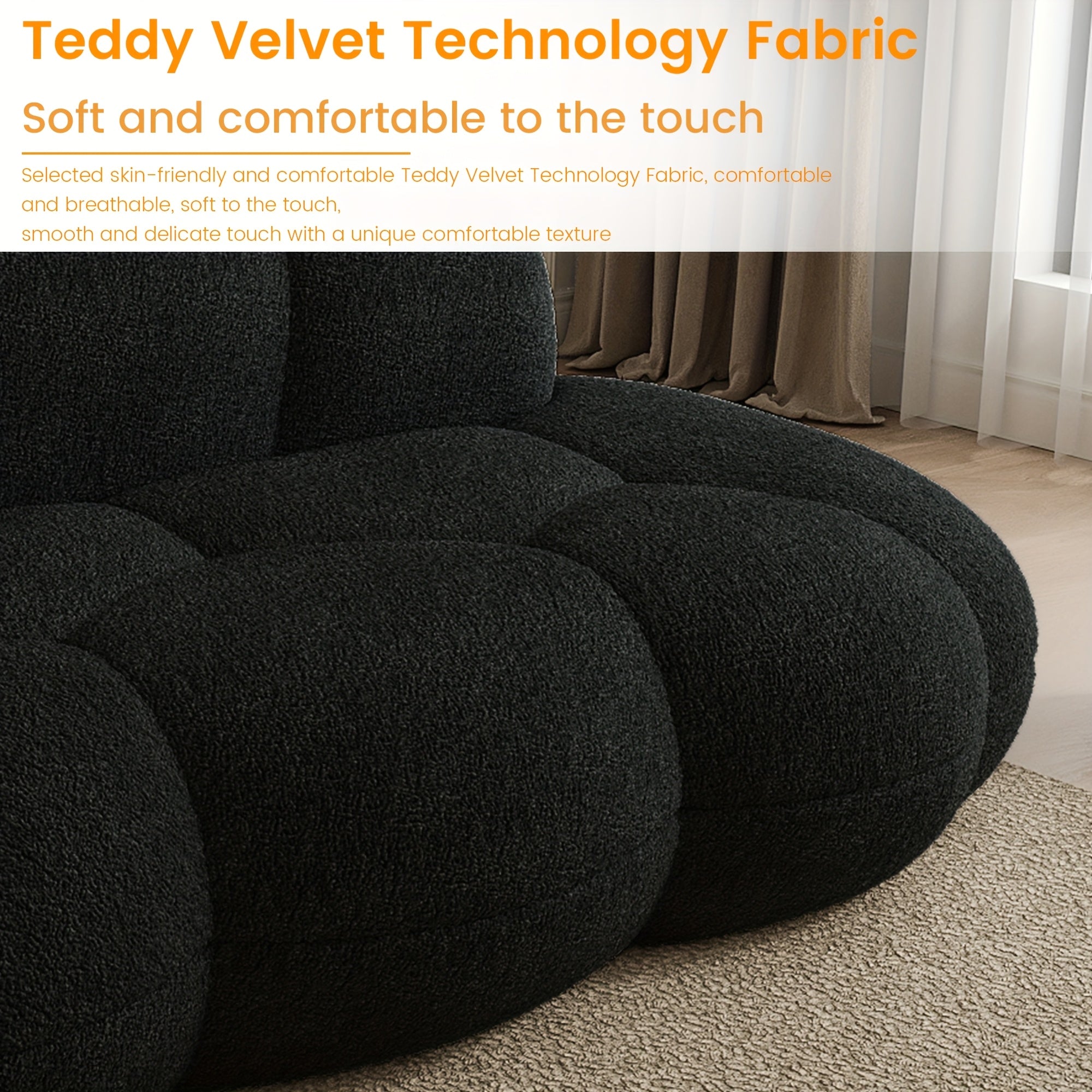 Modern Cloud-Shaped Sofa Bed-Like Couch - Black Sherpa Upholstery & Sponge-Filled, No Assembly Required, Space-Saving L-Shaped/ U-Shaped Sectional for Small Spaces, Apartments, Room - -Slip - Design (Engineered Wood