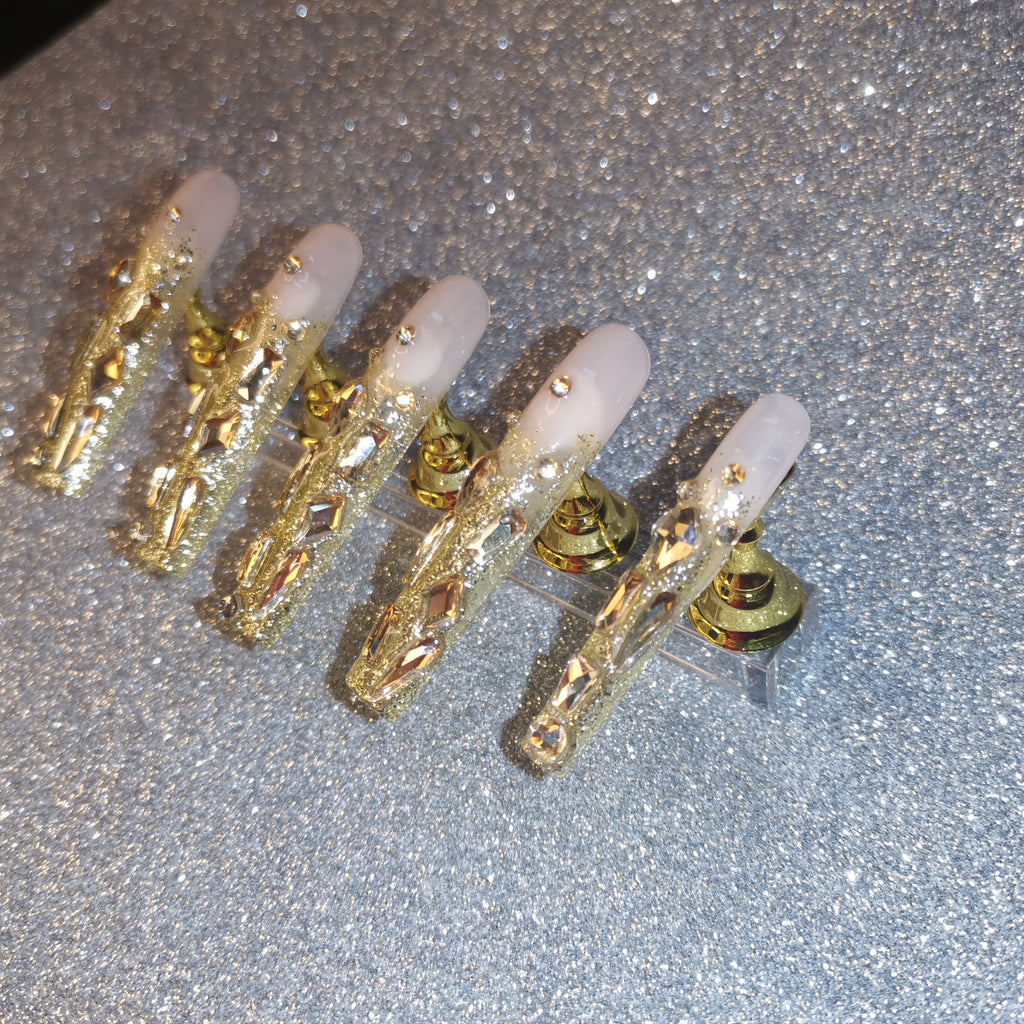 {10pcs} Champagne Golden Full-Coverage Rhinestone Extra-Long Press-On Nails