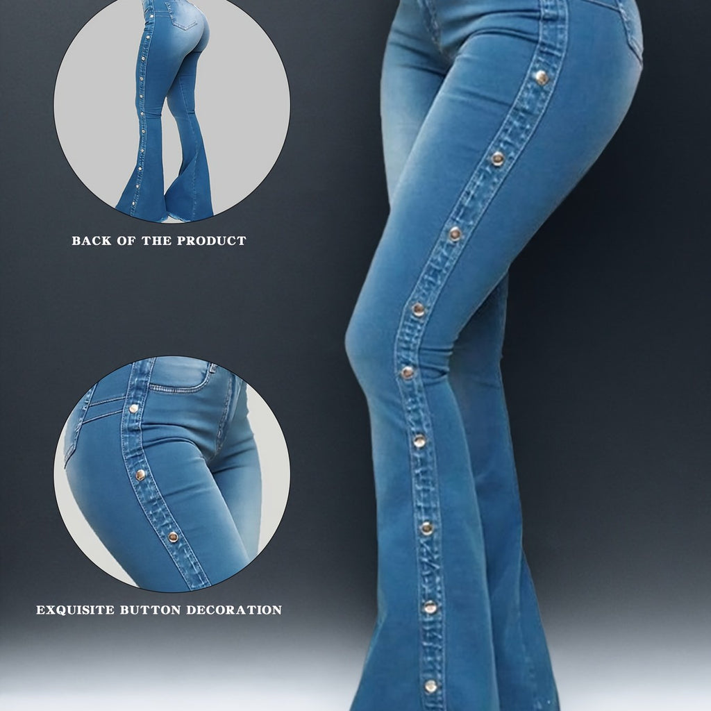 's Plus Size High-Waisted Wide-Leg Flared Bell-Bottom Jeans - Floor-Length Elastic Waist Trousers with Multi-Size Fit (Casual to Formal), All-Season for Commuting, Parties & - Durable Non-Sheer Pants