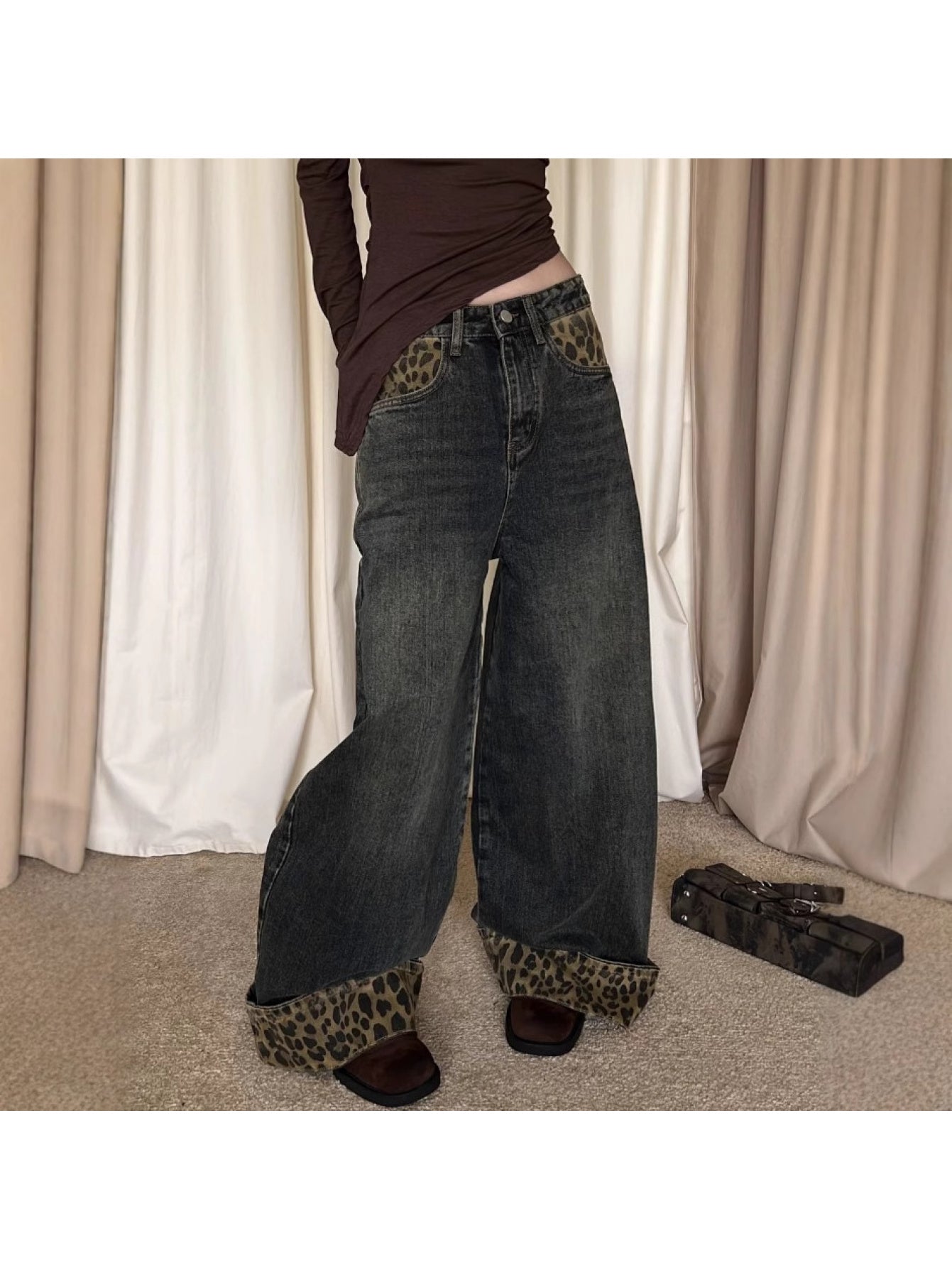 Vintage Leopard Print Cuffed Denim Pants