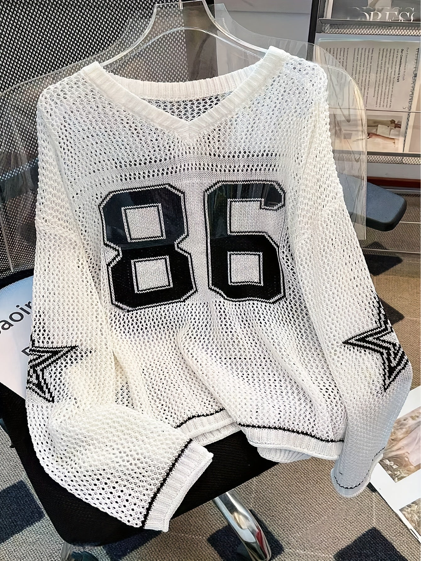 Women's Y2K Top - V-Neck Long Sleeve Mesh Blouse with 86 & Star Cut-Out Design, Breathable Black/White Contrast for Spring/Summer Casual Outfits, Cute Blouse, Versatile Clothing, Contrast Color Design