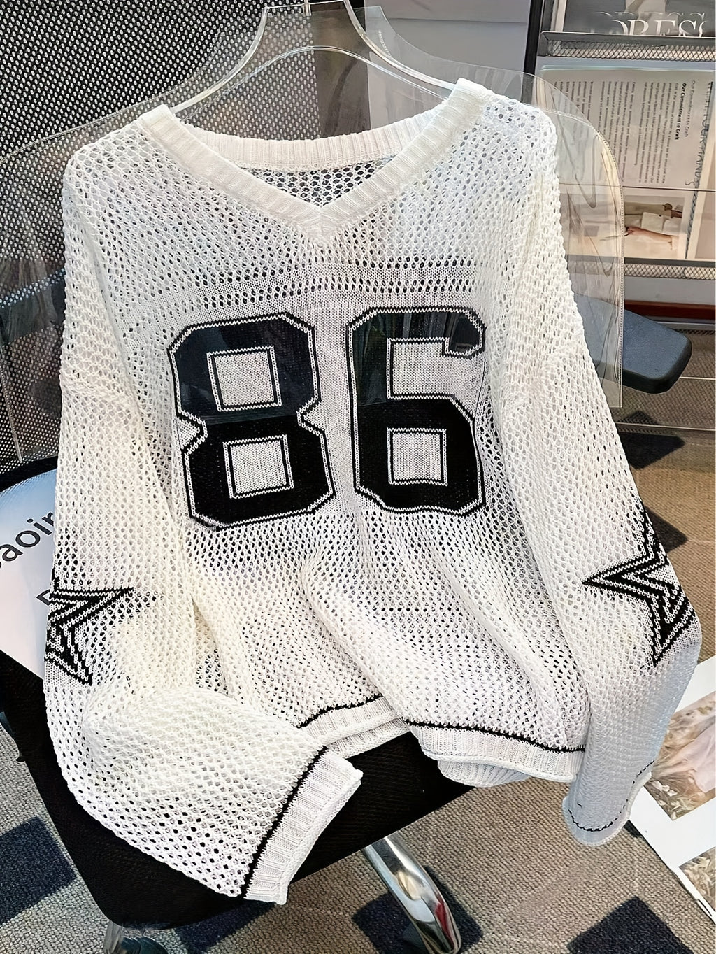 Women's Y2K Sweater - Semi-Sheer V-Neck Long Sleeve Pullover with Number Graphic, Non-Stretchy All-Season Top for Concerts, Parties, Everyday - White & Black Retro 2000s Outfit Essential, Sweater Tops for Women, Colourfull Lo