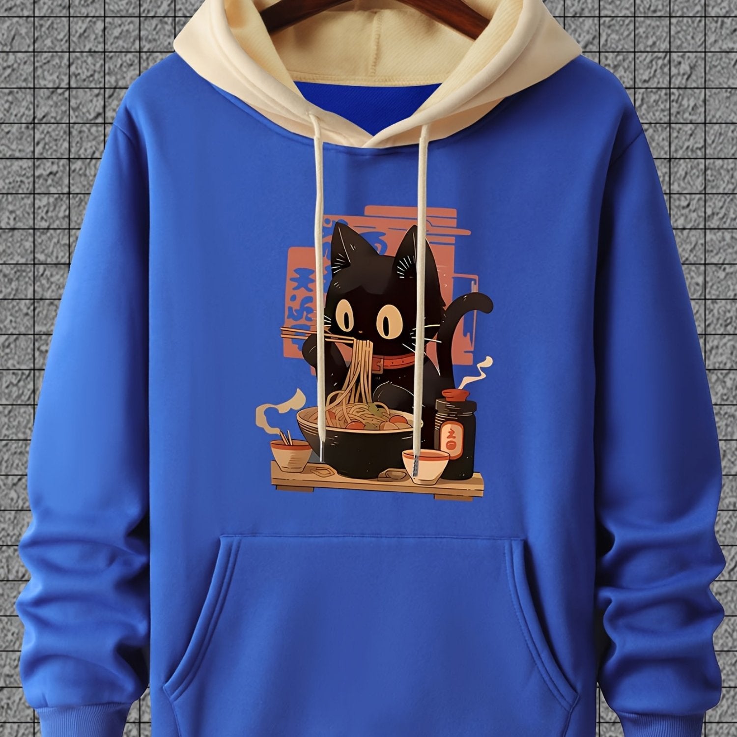 Casual Polyester Hoodie with Black Cat Eating Ramen Print