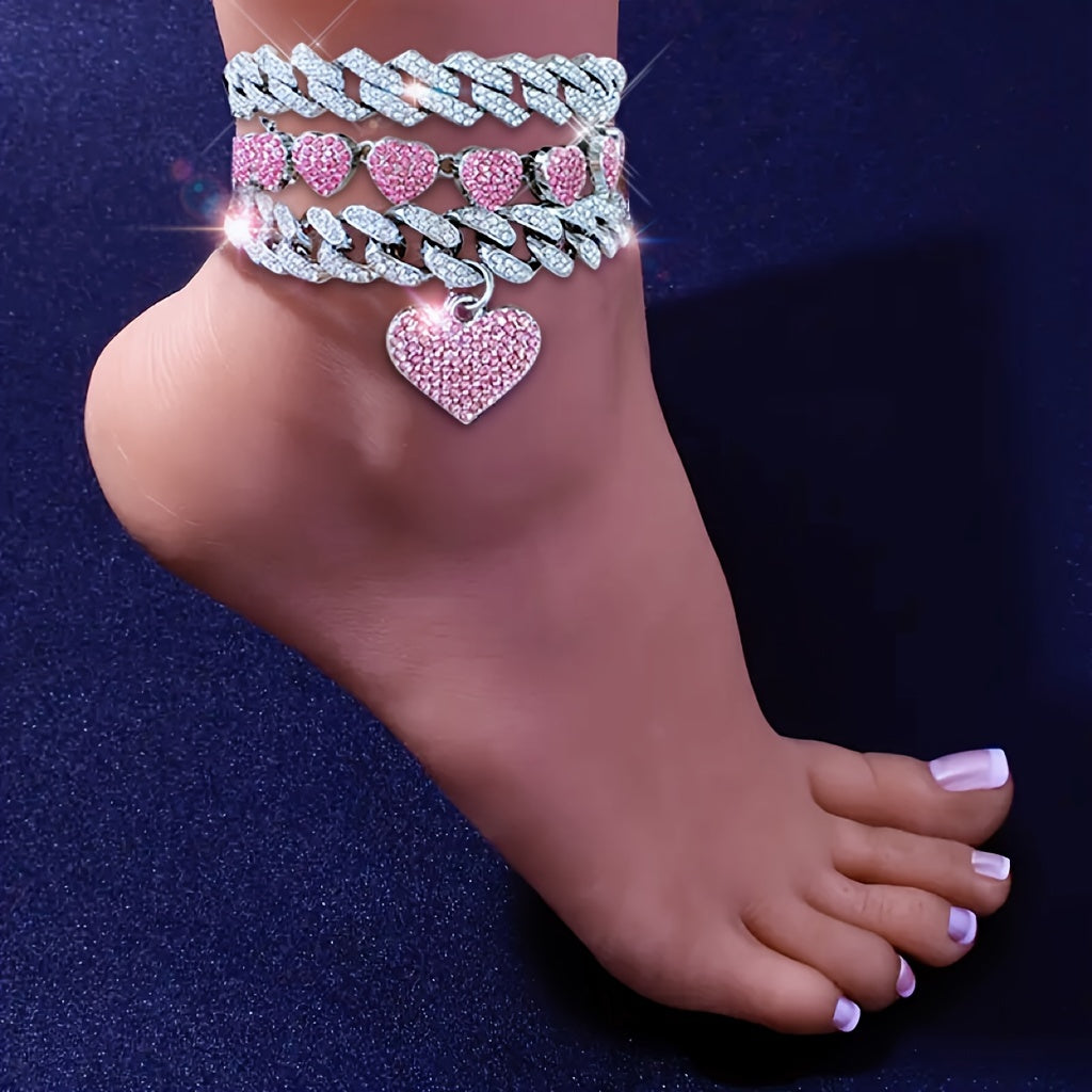 {3pcs} Shiny Heart Pendant Anklets