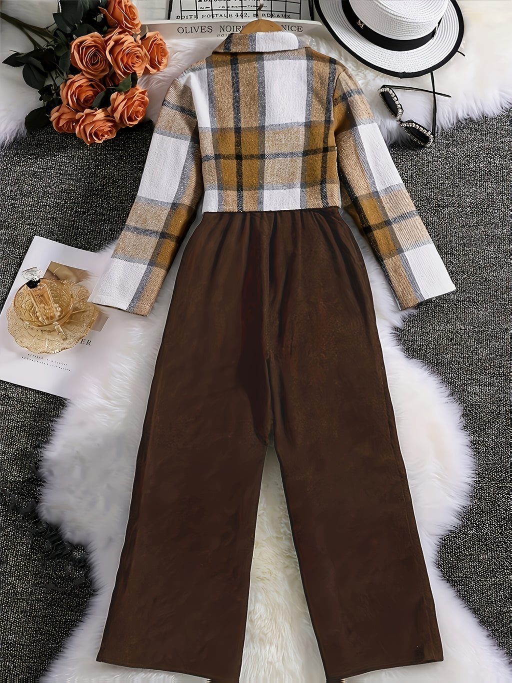 2025 New Elegant Vacation Style: Plaid Printed Button Top with Solid Color Ribbed Camisole Jumpsuit Set