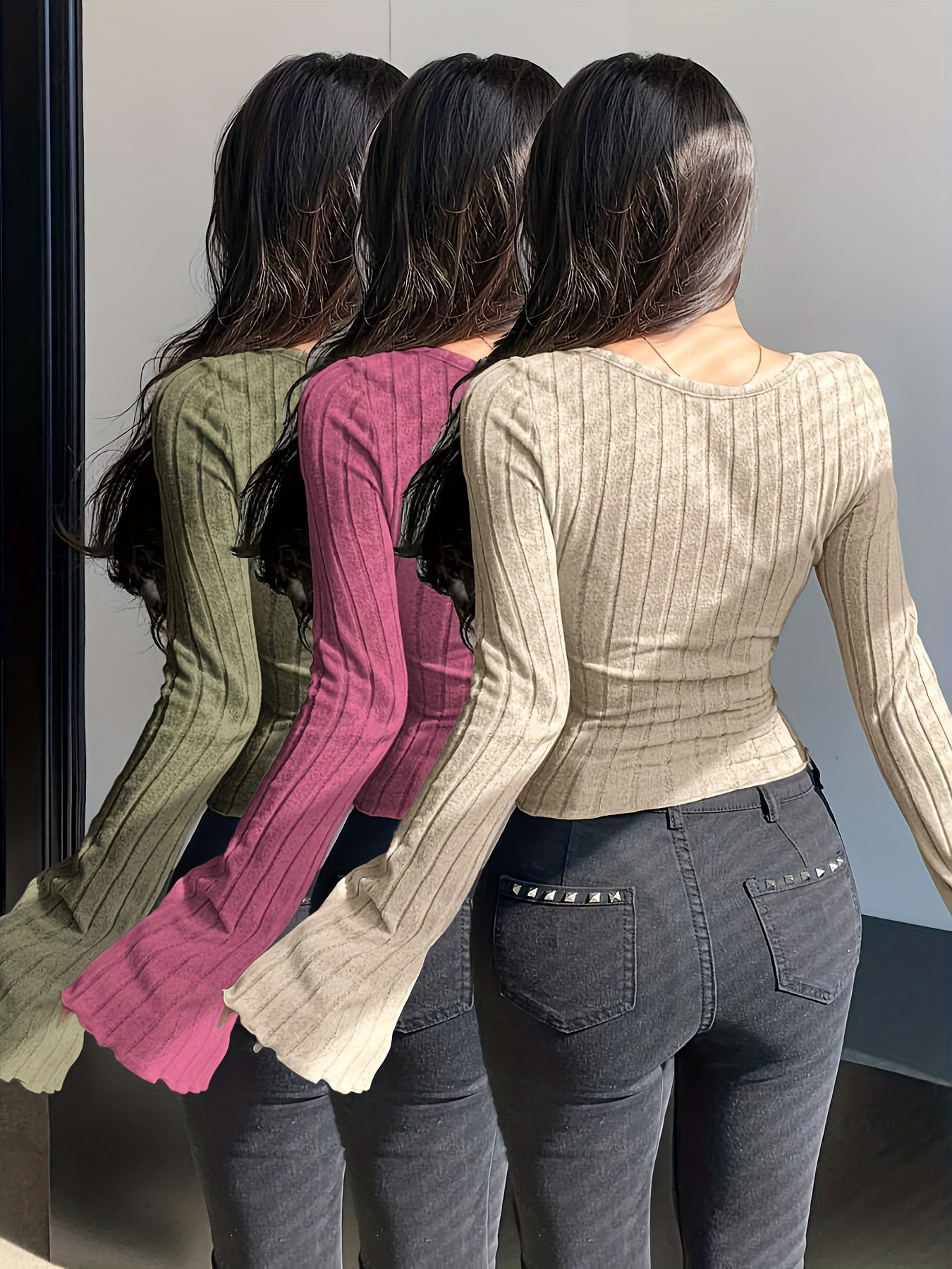 Women's 3pcs Y2K French Solid Color Tunic Set with Puffed Sleeve & Cross-Back Neckline - Long Sleeve Blouses, Wrinkle-Resistant & Machine Washable Winter Layering Outfits in Pink, Green, Beige, Brown, Black, White - Chic Casu