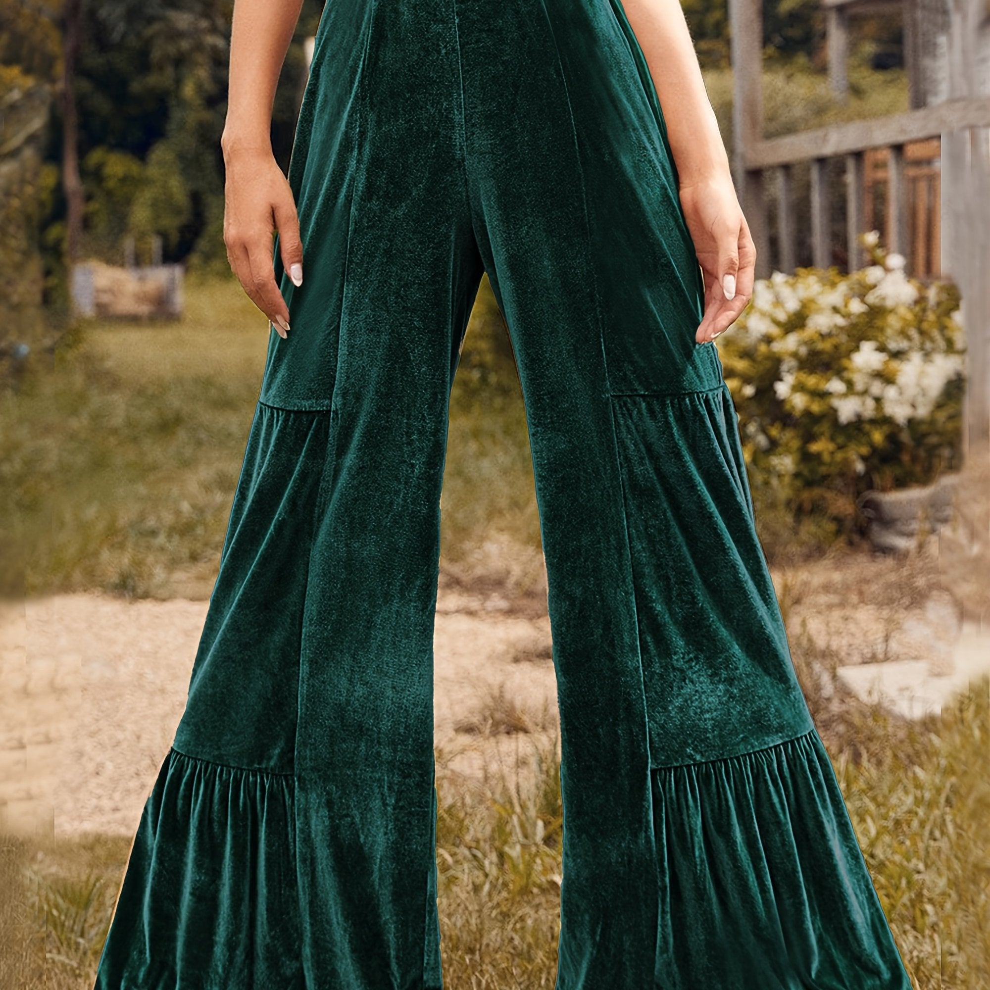 Women's Green Wide-Leg Trousers - High-Waisted Winter Pants with Ruffled Hem, Deep Green Trousers for Fall/Winter, Machine Washable Elegant Stretch Fabric (No Dry Clean) - Casual to Formal Outfits (Office, Party) - Trousers f
