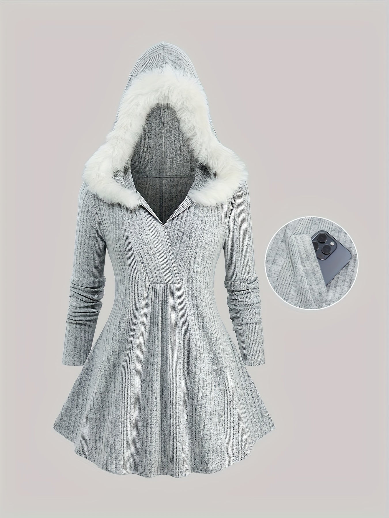 Solid Color Surplice Ribbed Textured Fleece Trim Hooded Top