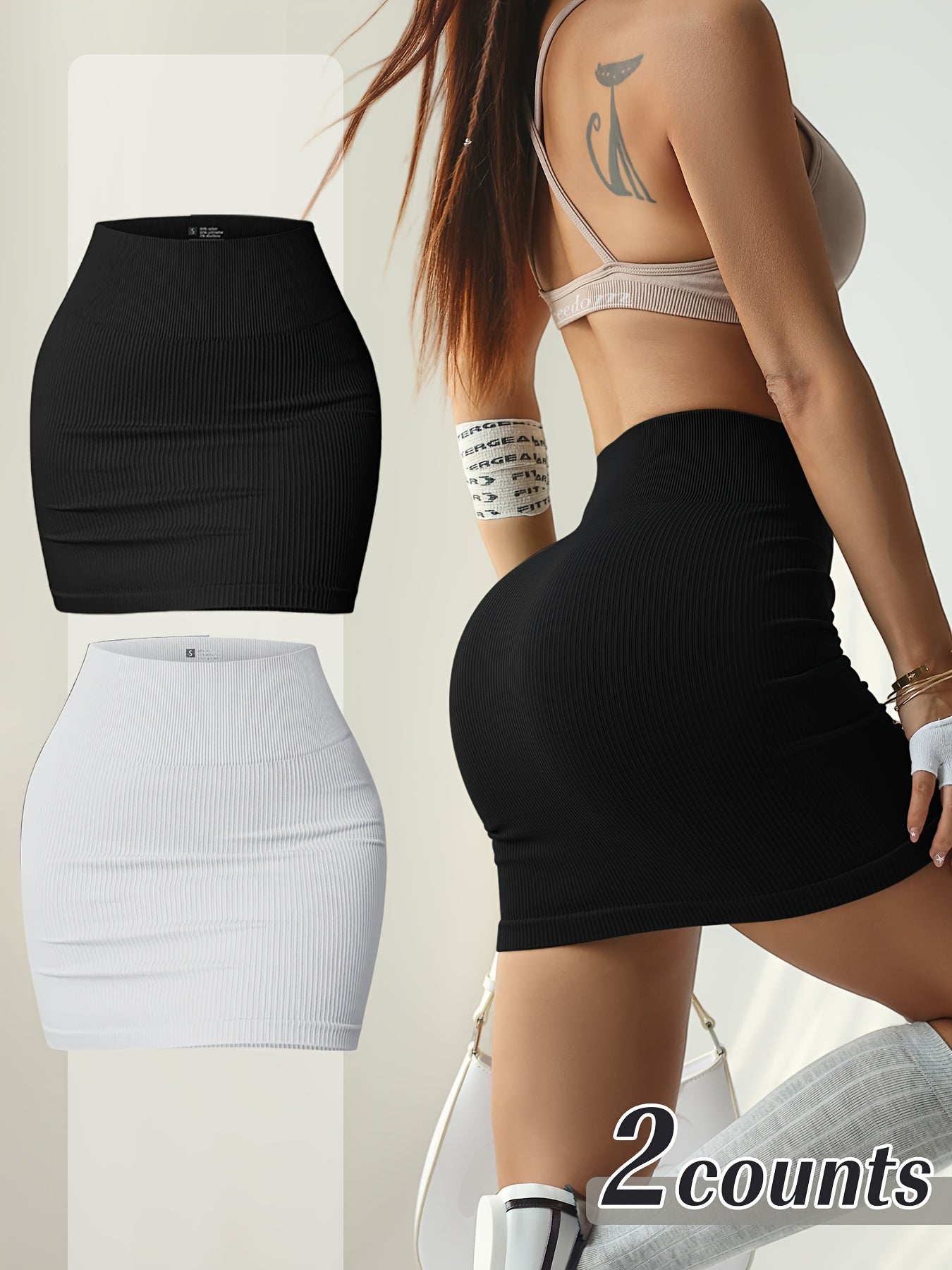 {2pcs} High-Waisted Ribbed Bodycon Mini Skirt