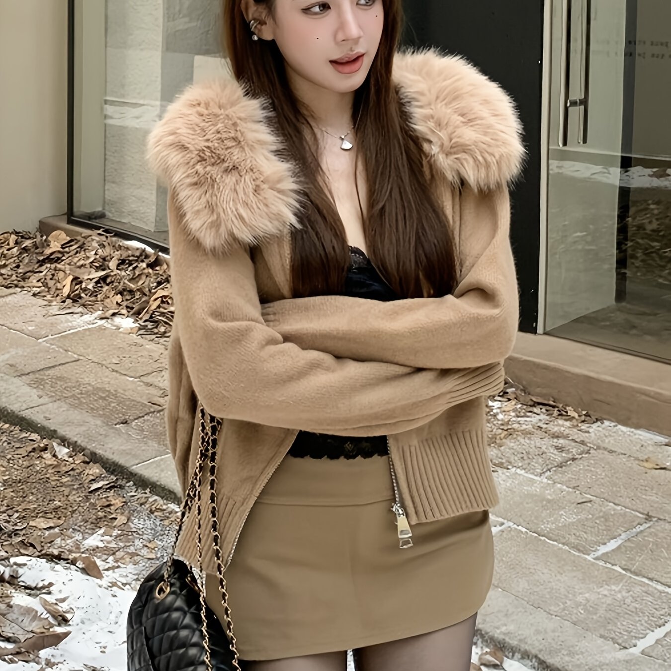 Hooded Zip-Up Cardigan with Faux Fur Trim