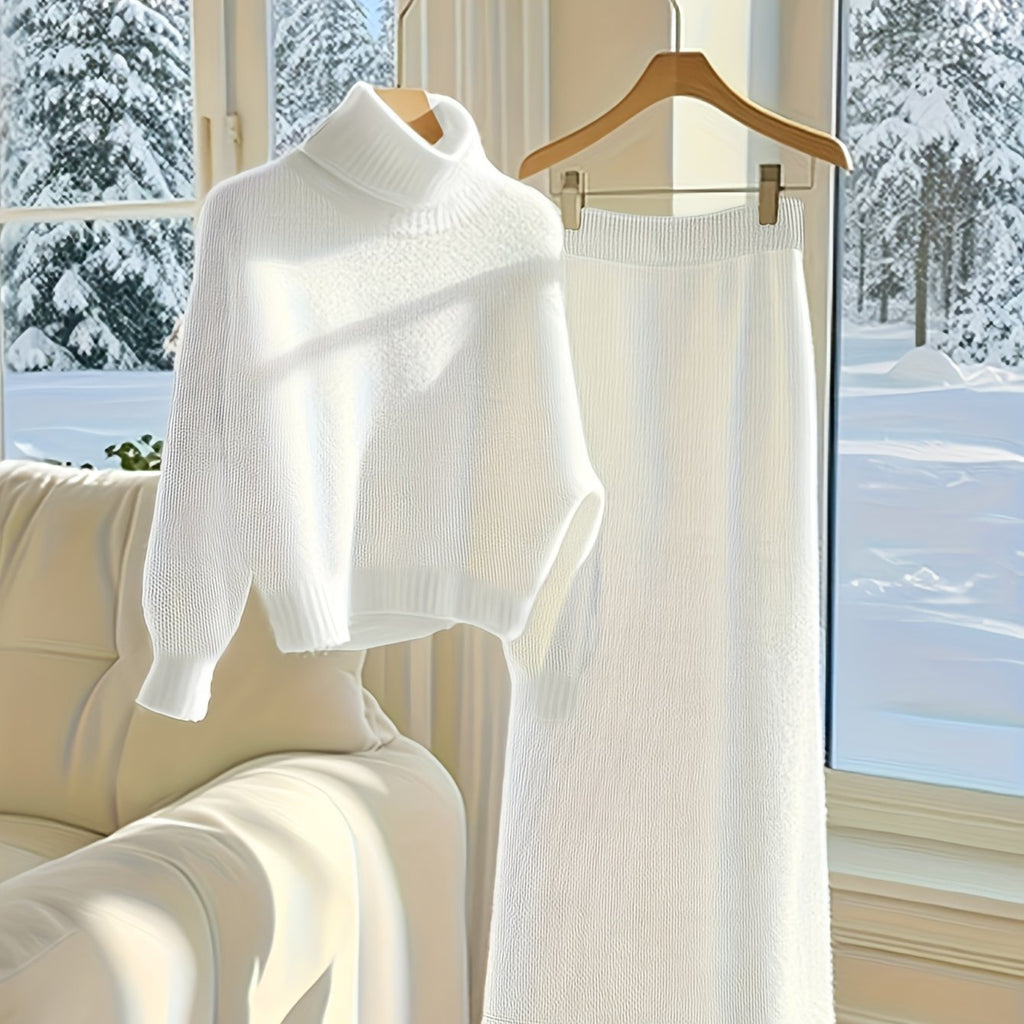 White Plus Size Cozy Sweater and Skirt Set