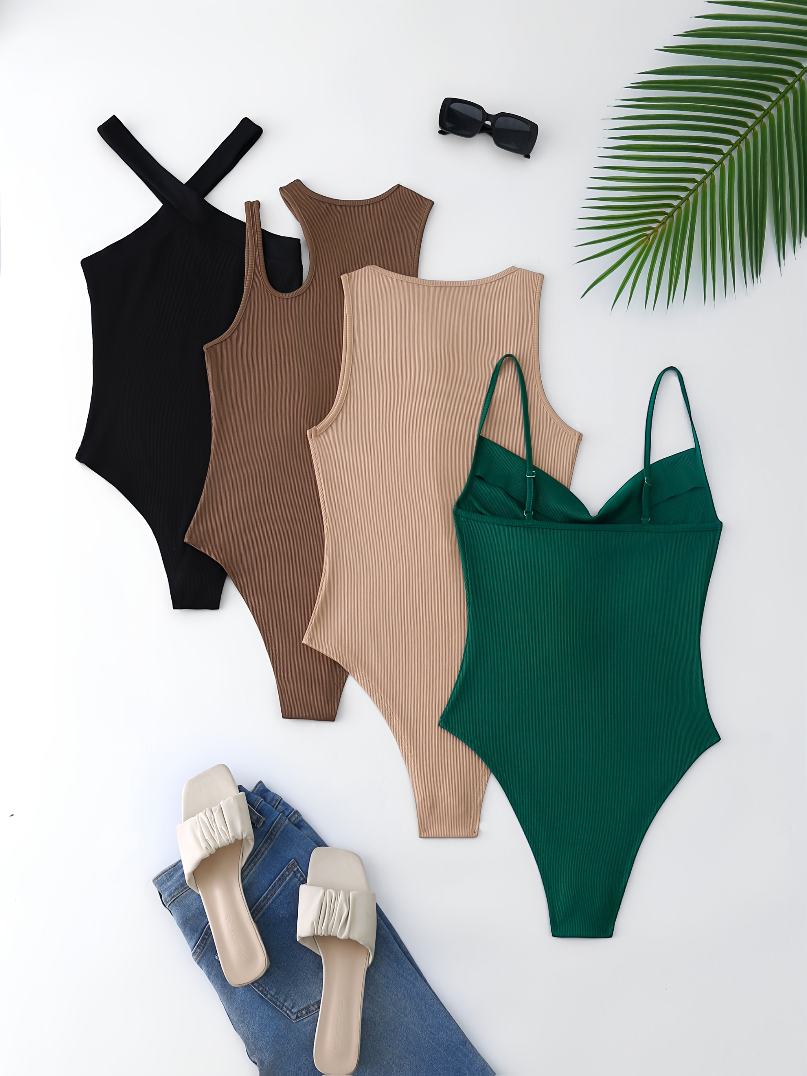 Women's 4pcs Sleeveless Square Neck Crop Top Camisole Cross-Back Bodycon Jumpsuit Set in Various Styles