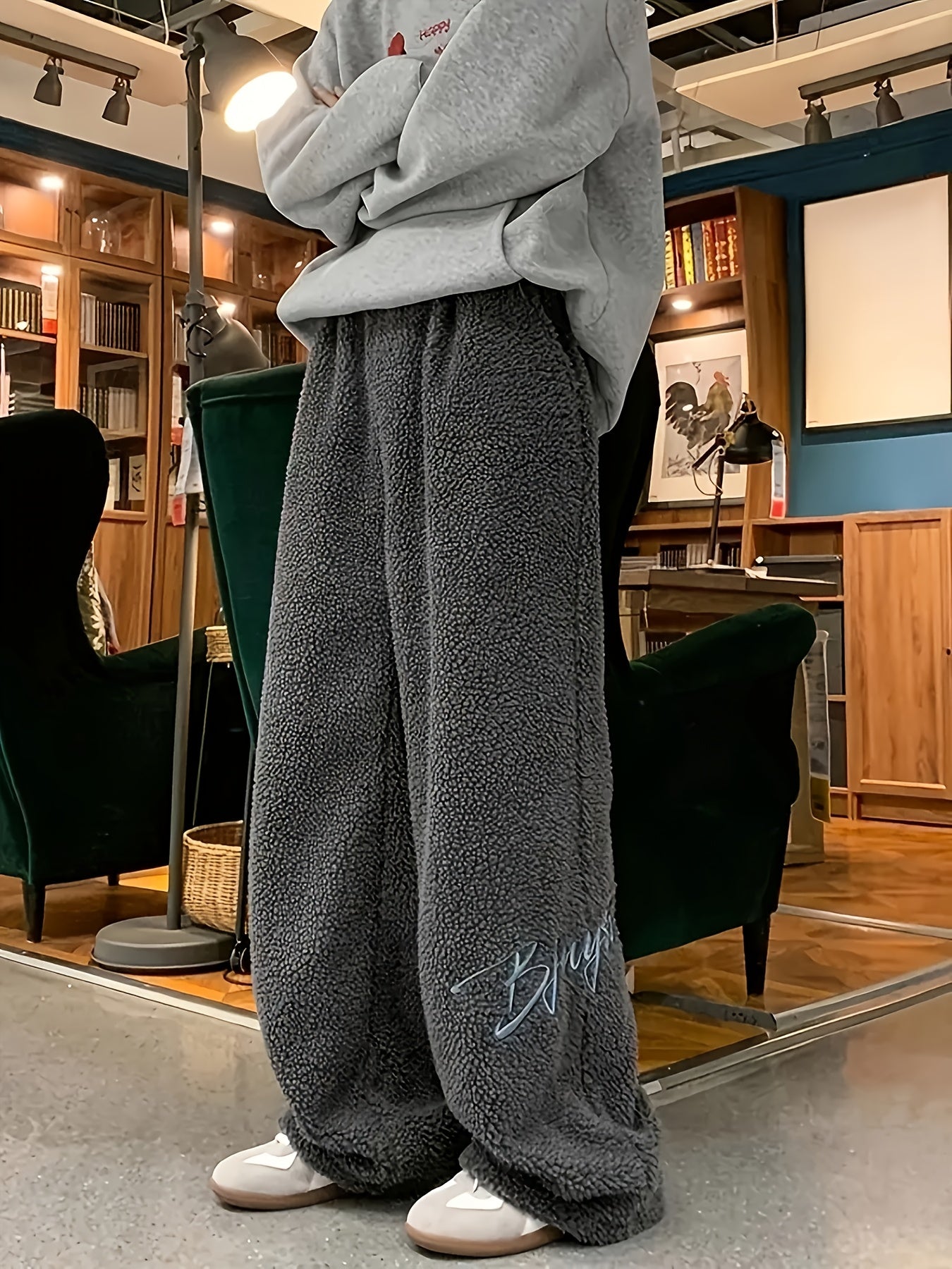 Fleece-Lined Embroidered Casual Pants