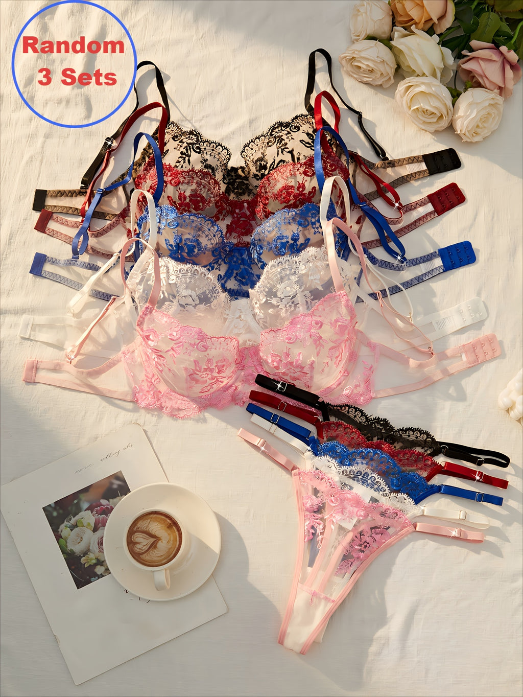 [3pcs} Floral Embroidery Lingerie