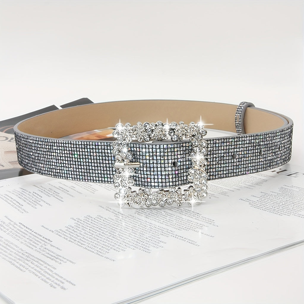 Rhinestone PU Leather Belt with Metallic Buckle