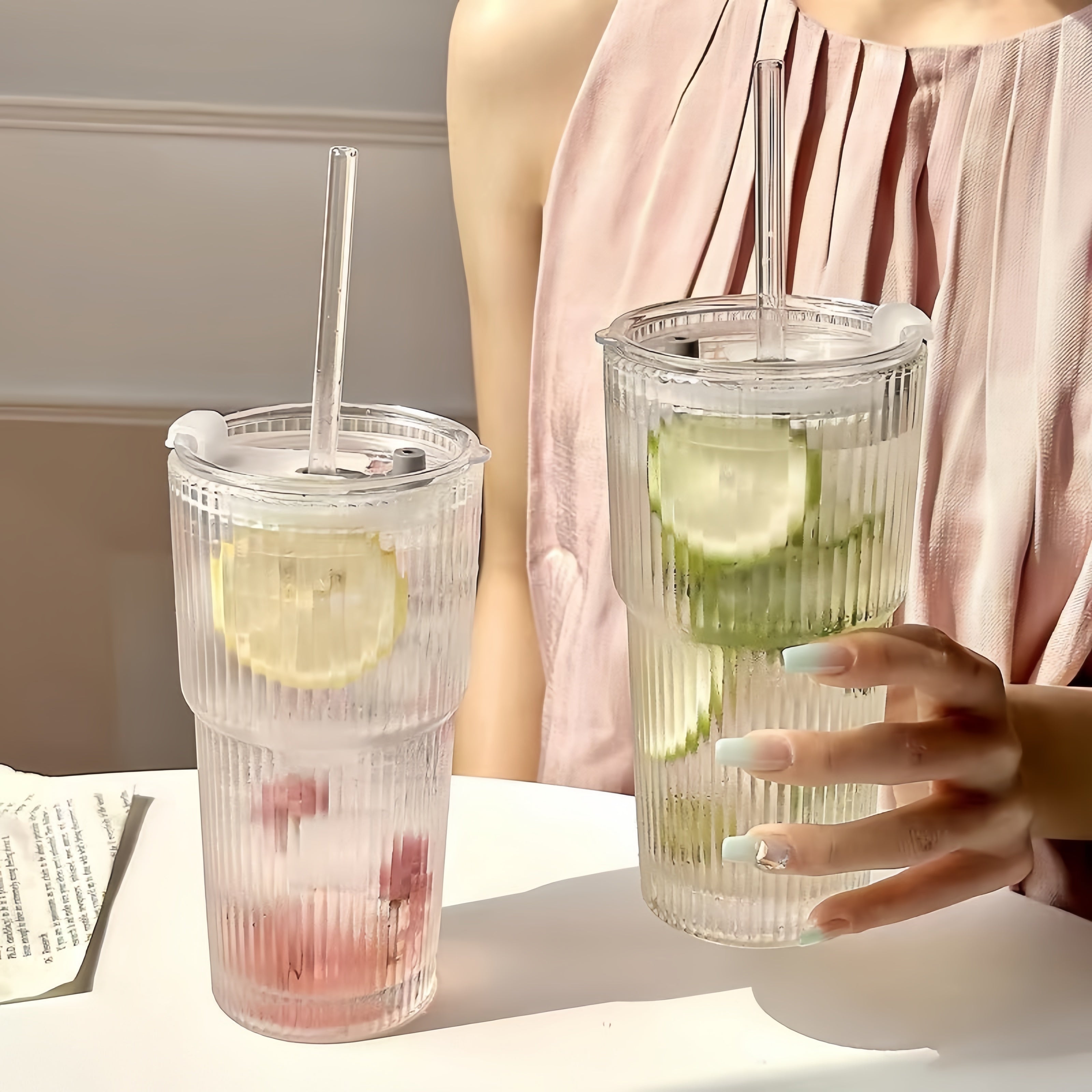 {1/2/4pcs] LDQ Striped Glass Cups with Straws & Lids