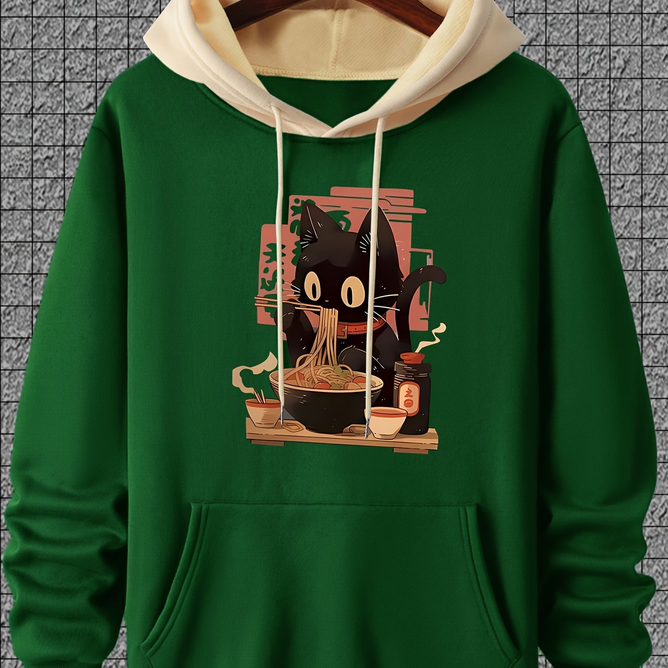 Casual Polyester Hoodie with Black Cat Eating Ramen Print