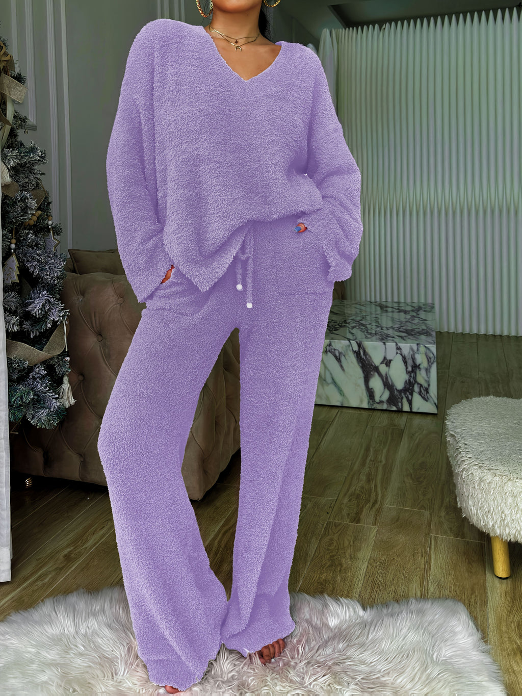 Solid Color V-Neck Short Front Long Back Soft Fleece Pajama Set