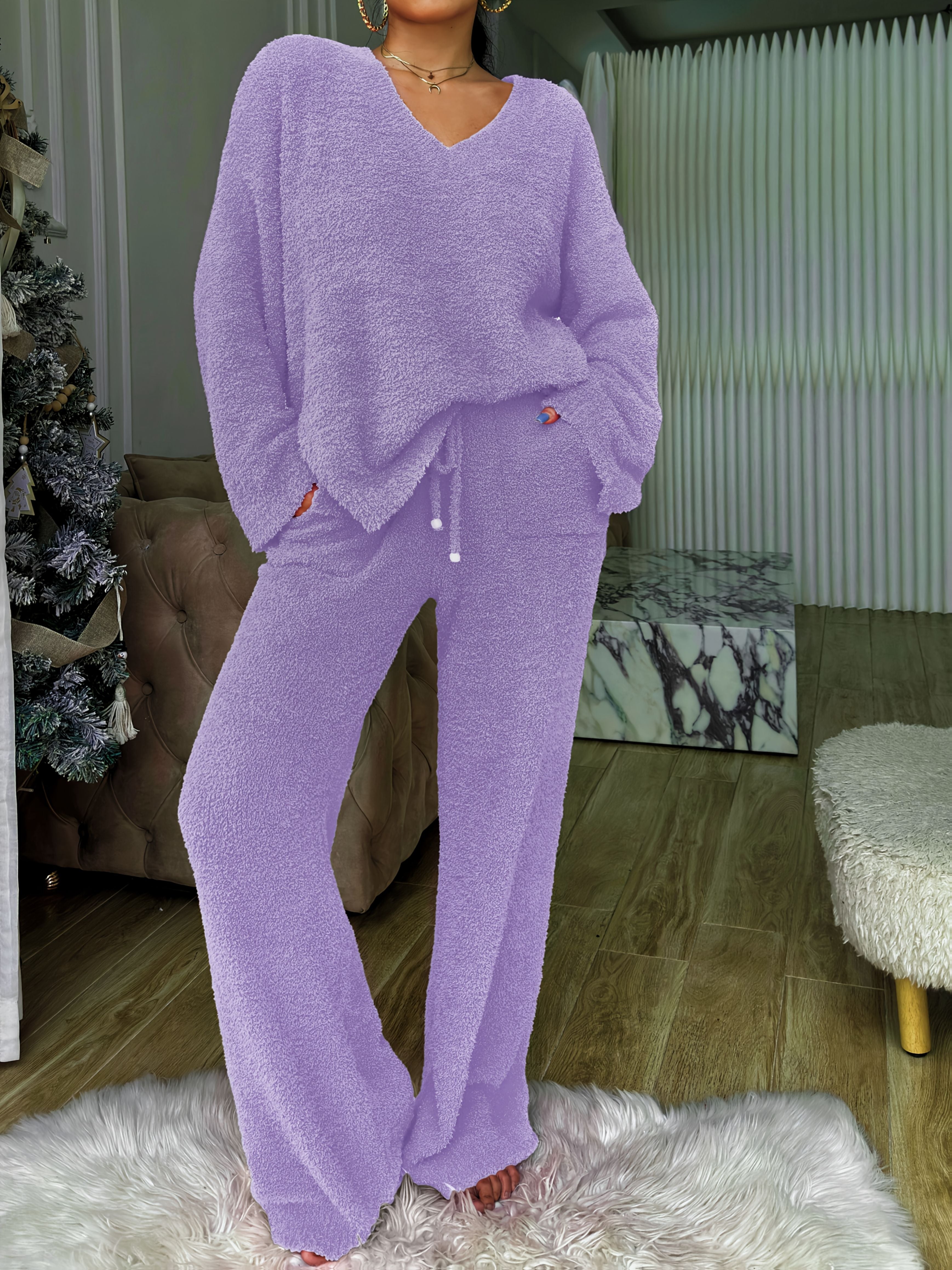 Solid Color V-Neck Short Front Long Back Soft Fleece Pajama Set