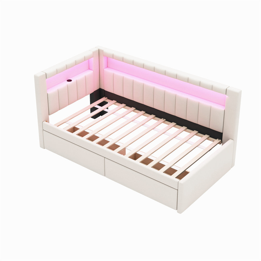 Modern White Upholstered Twin Size Platform Bed with USB Ports & RGB LED
