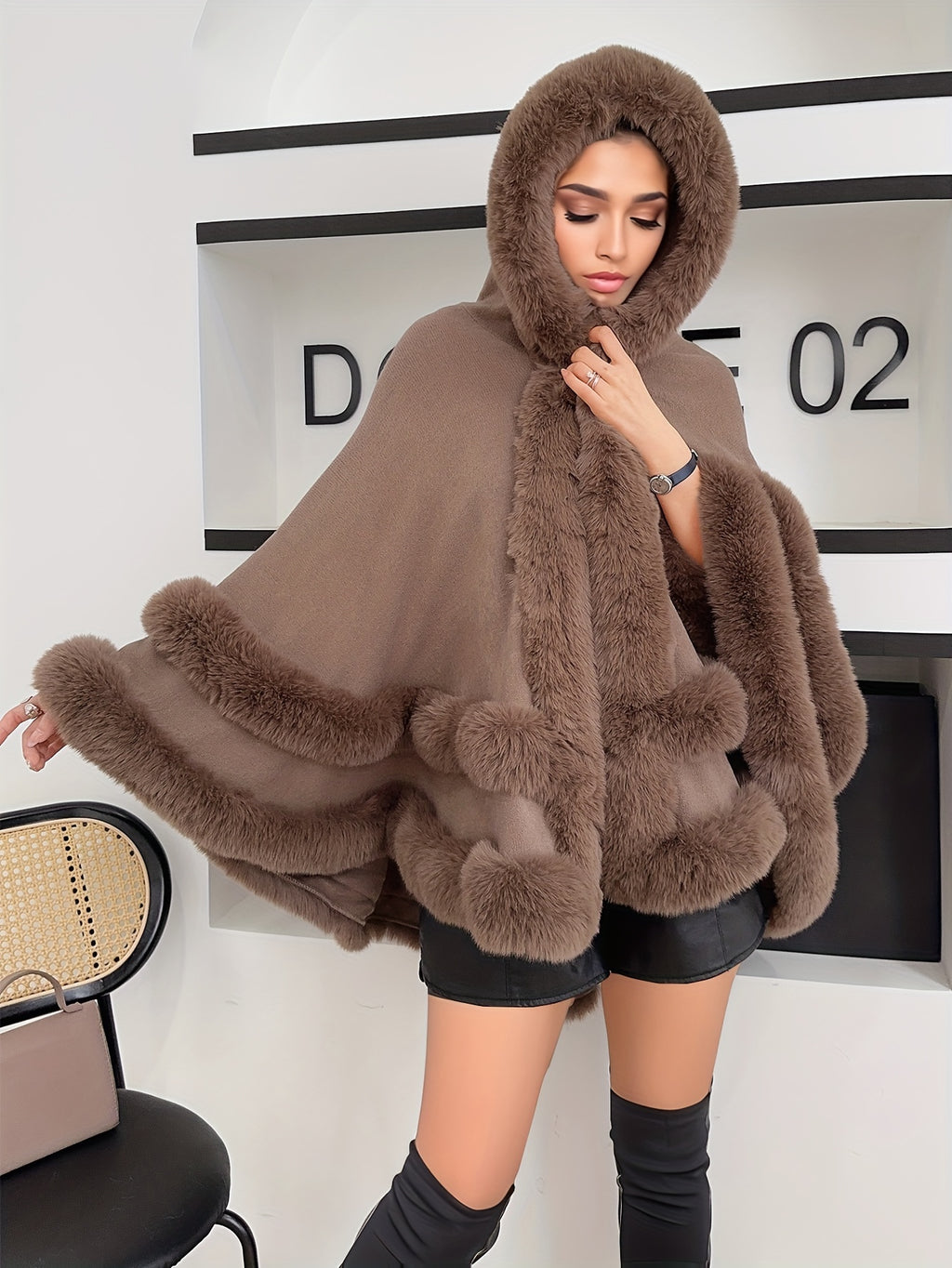 Faux Rabbit Fur-Lined Hooded Cape