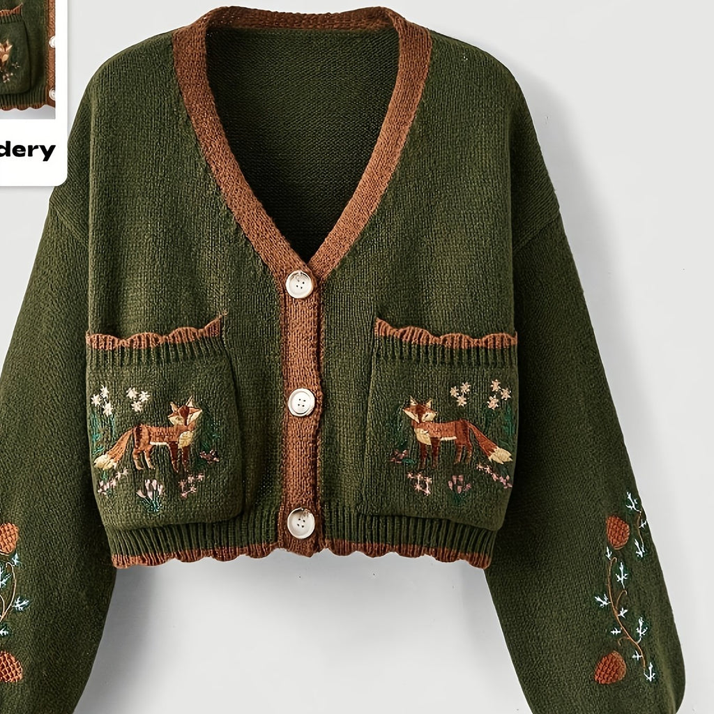 Elegant V-Neck Cardigan with Fox & Floral Embroidery