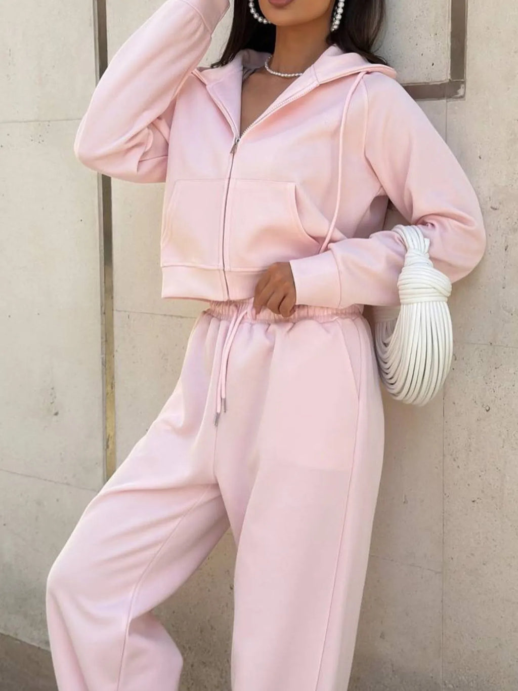 Zip Up Drawstring Hoodie and Pants Set