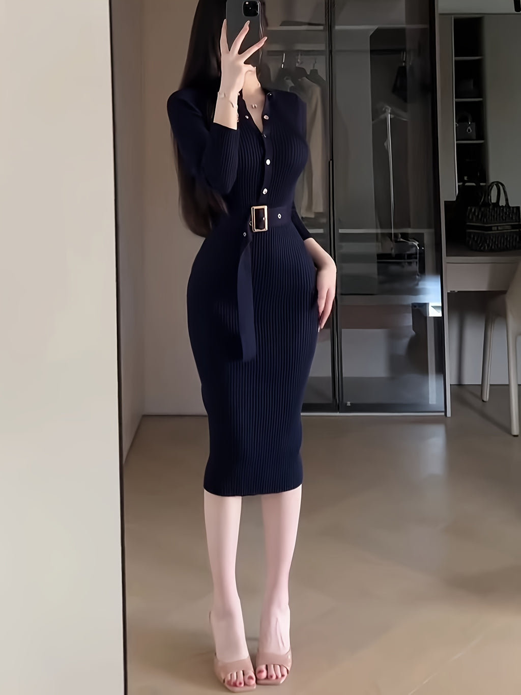 Women'S Elegant Korean Style Sweater Dress - Long Sleeve A-Line Skirt with Back Slit, Stretchy High-Waisted Mid-Length Winter Dress, Soft Fabric For Fall/winter, Casual To Formal Wear, Winter Dresses, Formal Winter Wear, Soph
