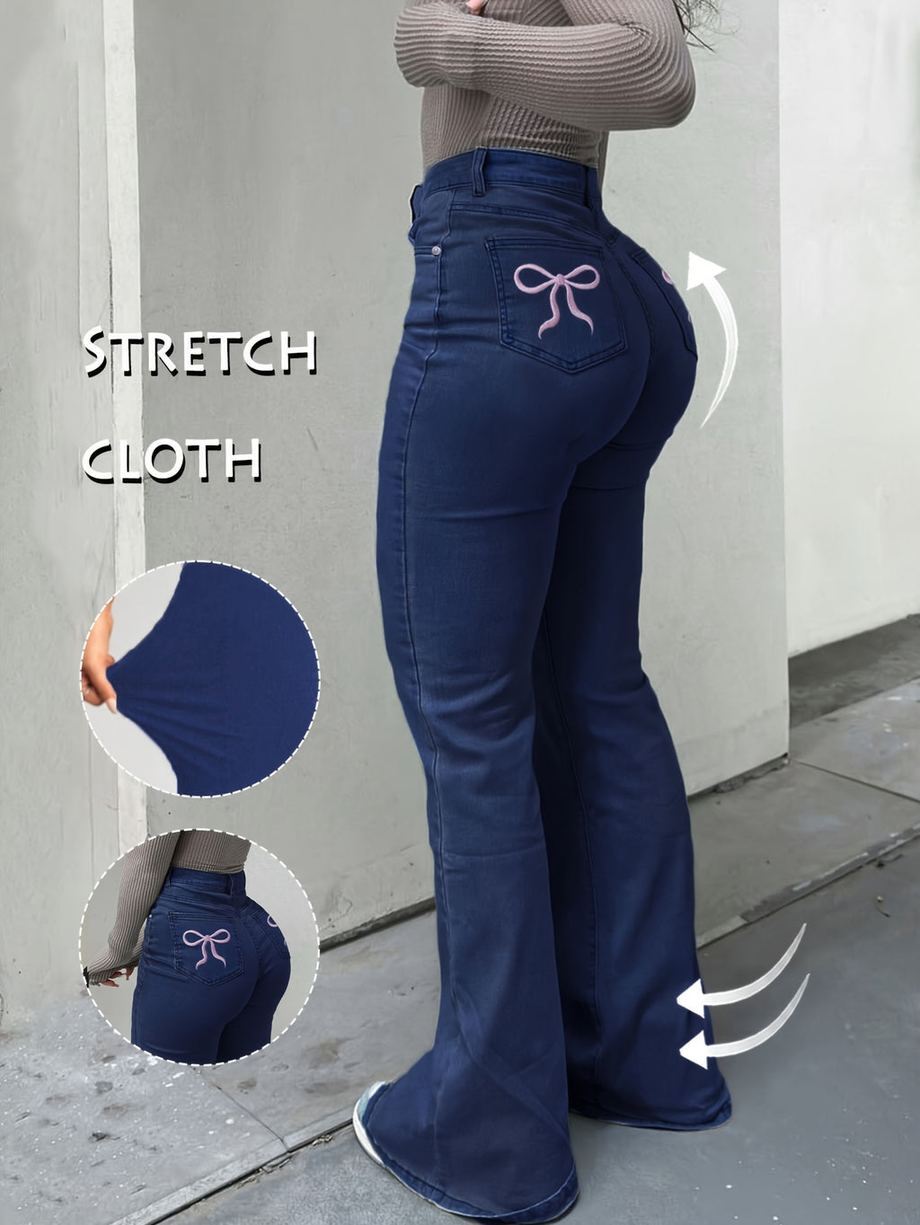 Women'S High-Waisted Stretch Denim Flare Jeans with Embroidered Bow Detail, Street Style Casual Pants, All-Season Comfort, Blue, High Waisted Jeans, Comfortable Fashion, Durable Fabric