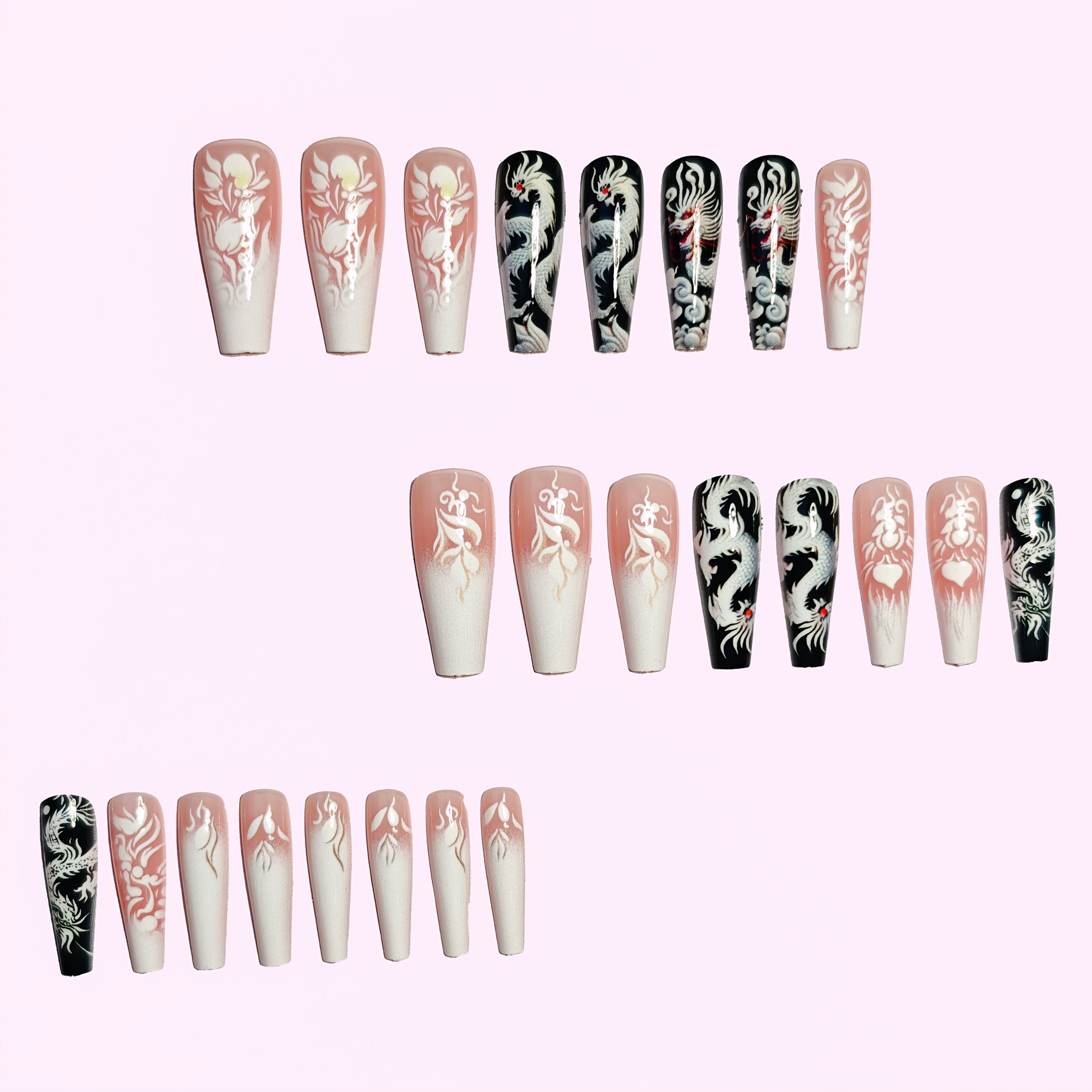 {24pcs} Long Glossy White & Black Ballet-Style Nail Art Set