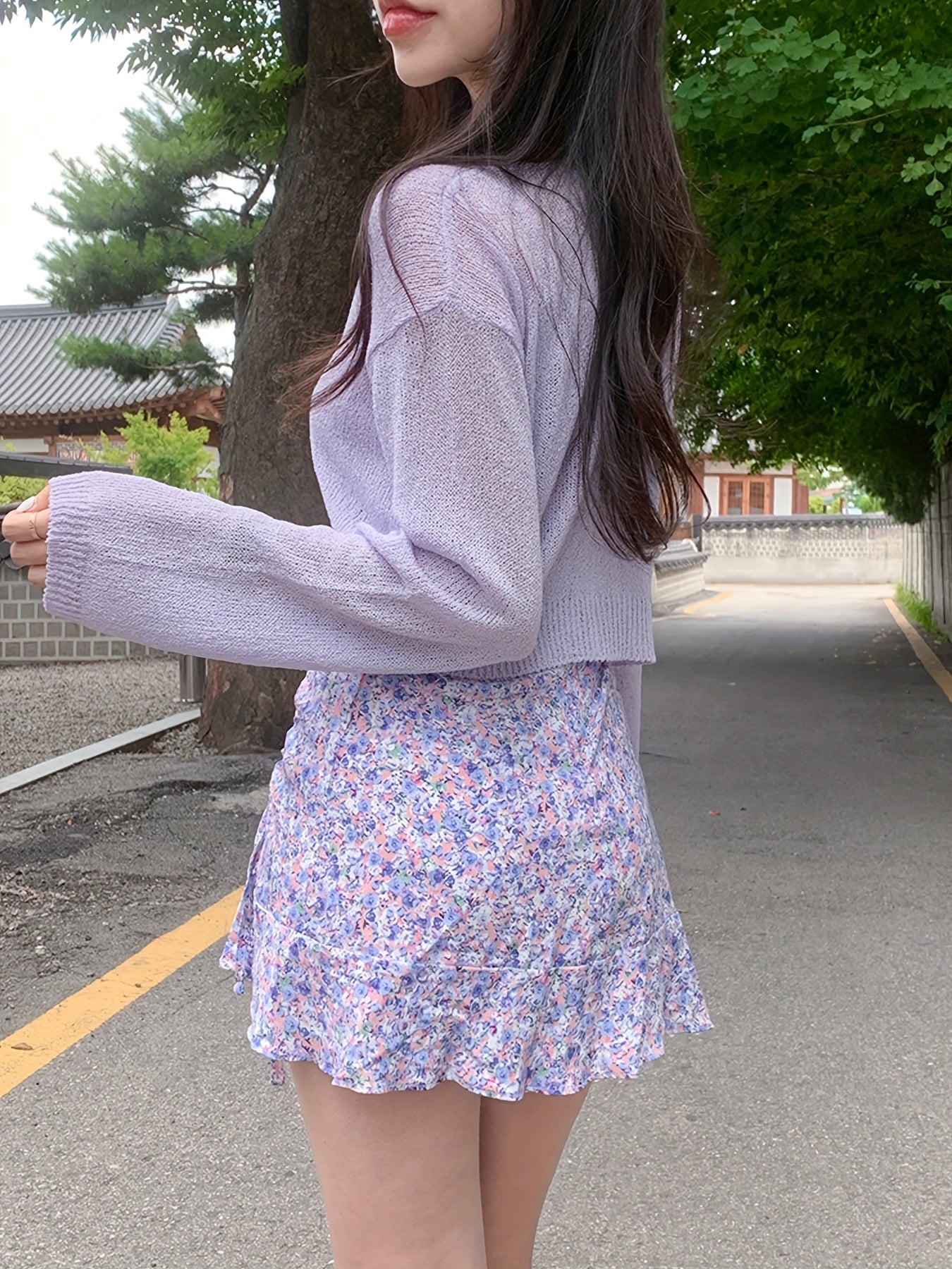 Women'S Light Purple V-Neck Button-Up Cardigan - Long Sleeve, Loose Fit, Short Length, Fabric, Casual & Stylish Outerwear for All Seasons, Cardigan Sweater