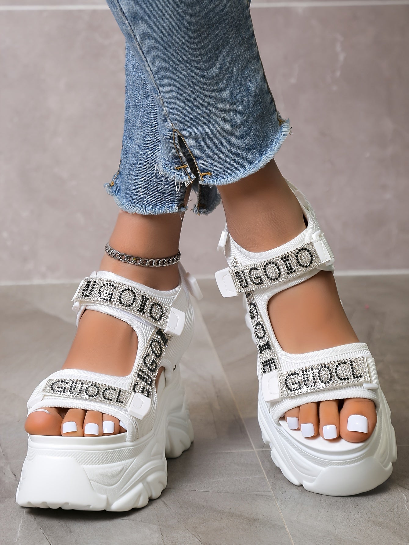 Women's Rhinestone Platform Sandals - Black Open Toe High Heel, Breathable Mesh Upper & PU Sole, Fashionable Summer Shoes with Closure for Casual or Party Wear, Casual Footwear | Rhinestone Embellishments, High Heel Sandals