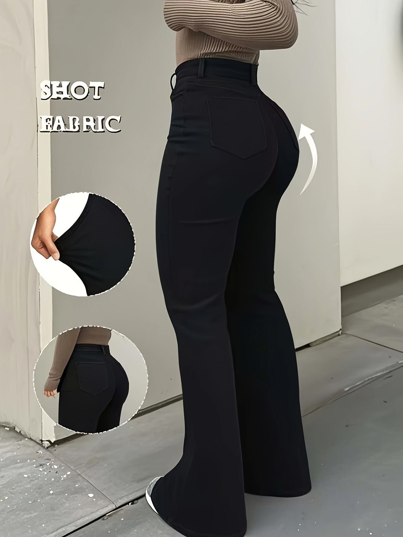 Women's Elegant High-Waist Black Denim Flare Jeans - Stretchy, Bell Bottom with Slash Pockets and Button Closure, Versatile All-Season Wear