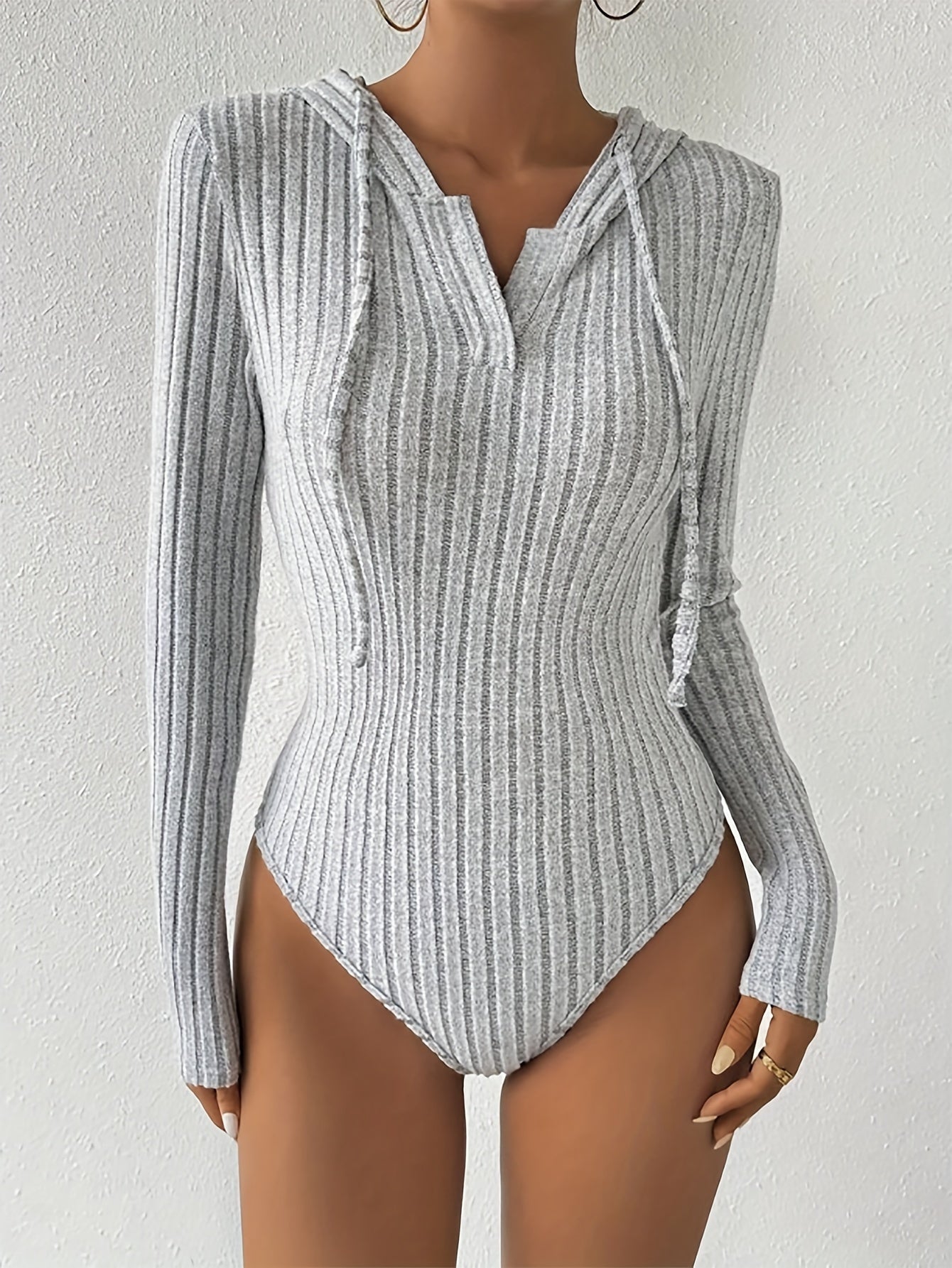 Ribbed Drawstring Hooded Bodysuit
