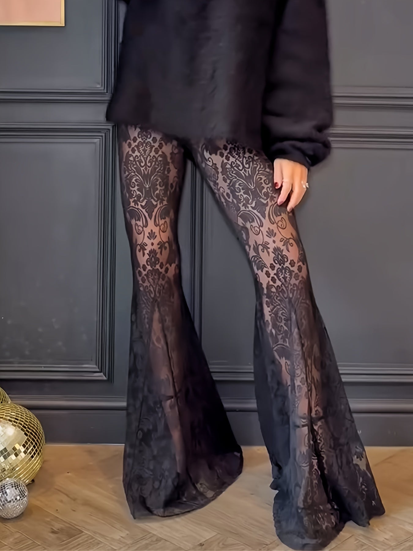 Women's Sexy Lace Pants - High-Waisted Flare Leg, Semi-Sheer Formal/Party/Everyday Trousers, Stretchy Non-See-Through Bottoms for Women, Autumn Outfit, Elegant Design, Comfortable Fit, Trendy Wardrobe