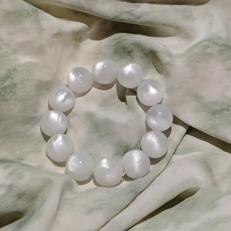 Elegant Bohemian White Cat's Eye Stone Resin Beads Bracelet - 16mm Large Smooth Spherical Beads