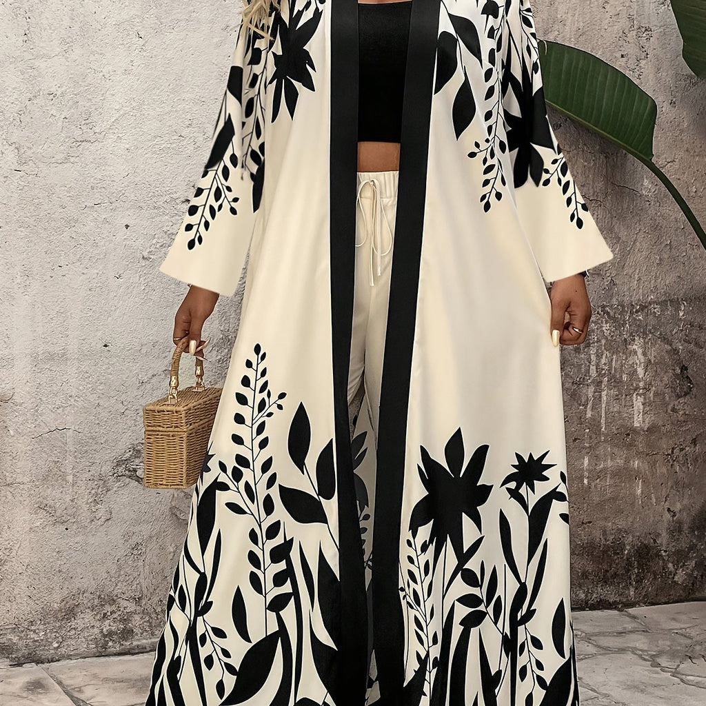 Tropical Leaf Print Maxi Coat & Wide-Leg Pants Set
