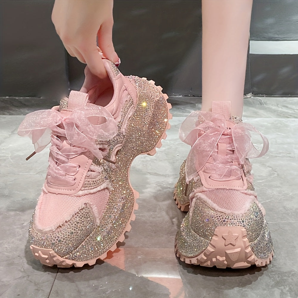 Rhinestone-Embellished Sneakers with Thick Platform Sole