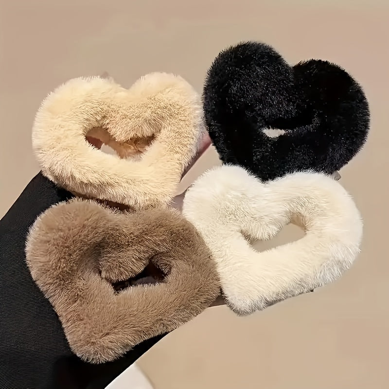 {4pcs} Elegant Minimalist Heart-Shaped Flannel Hair Claw Clips Set