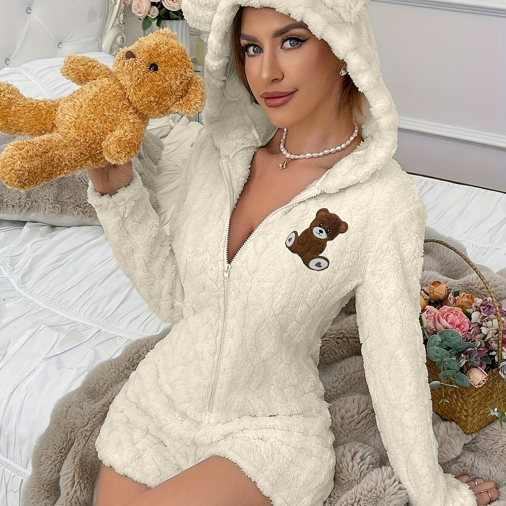 Fleece Hooded Onesie with Bear Print & Zipper Closure