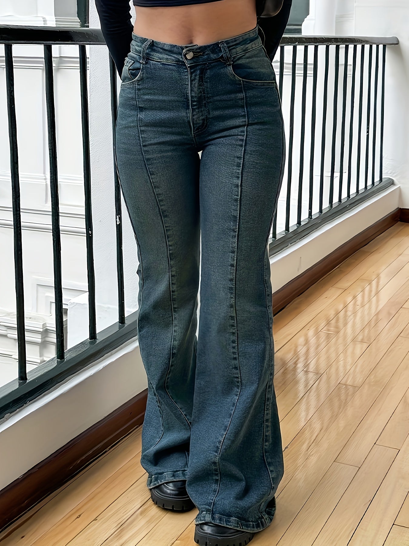 Elegant High Waisted Vintage Blue Flared Jeans