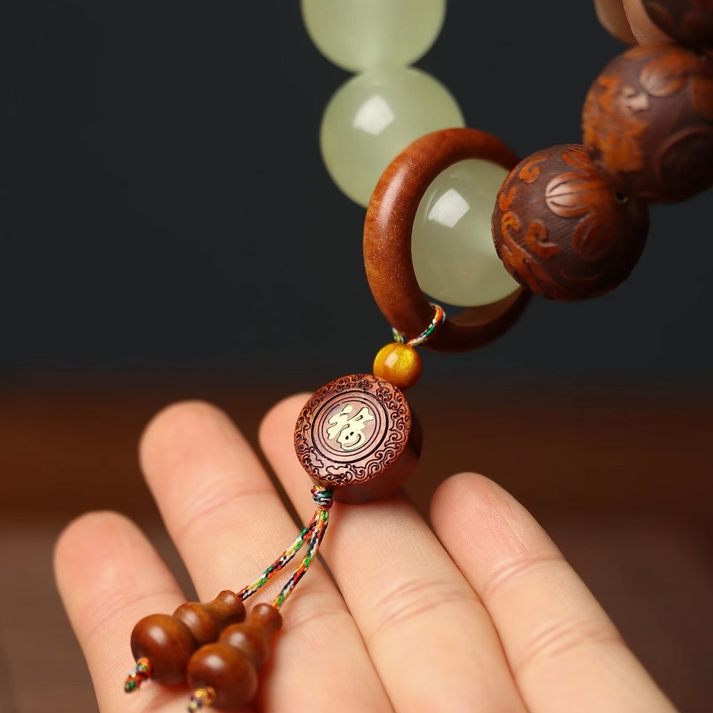 Sandalwood Pear Wood Carved Luminous Beads String with Fortune Words