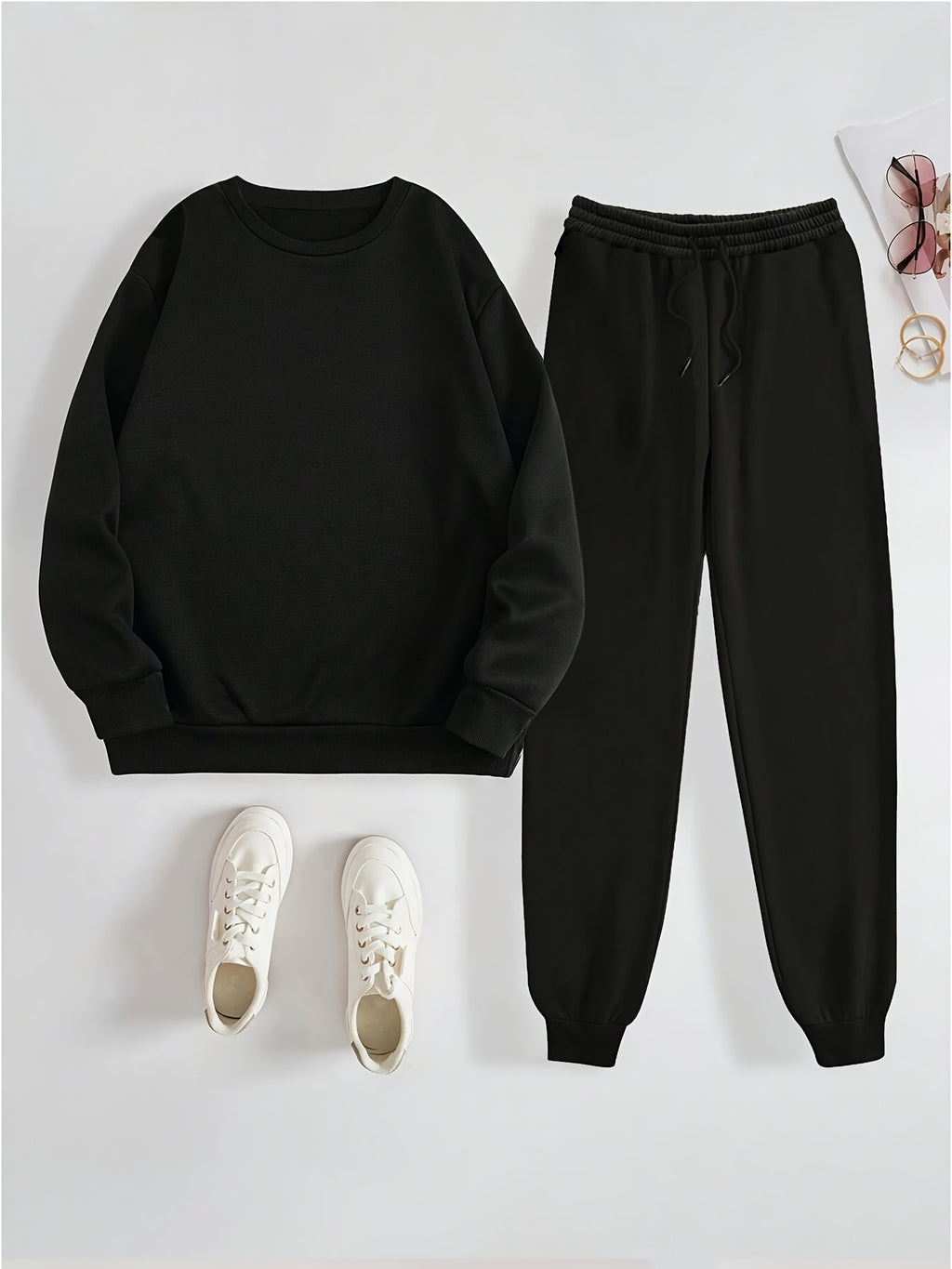 Solid Color Round Neck Sweatshirt and Sweatpants